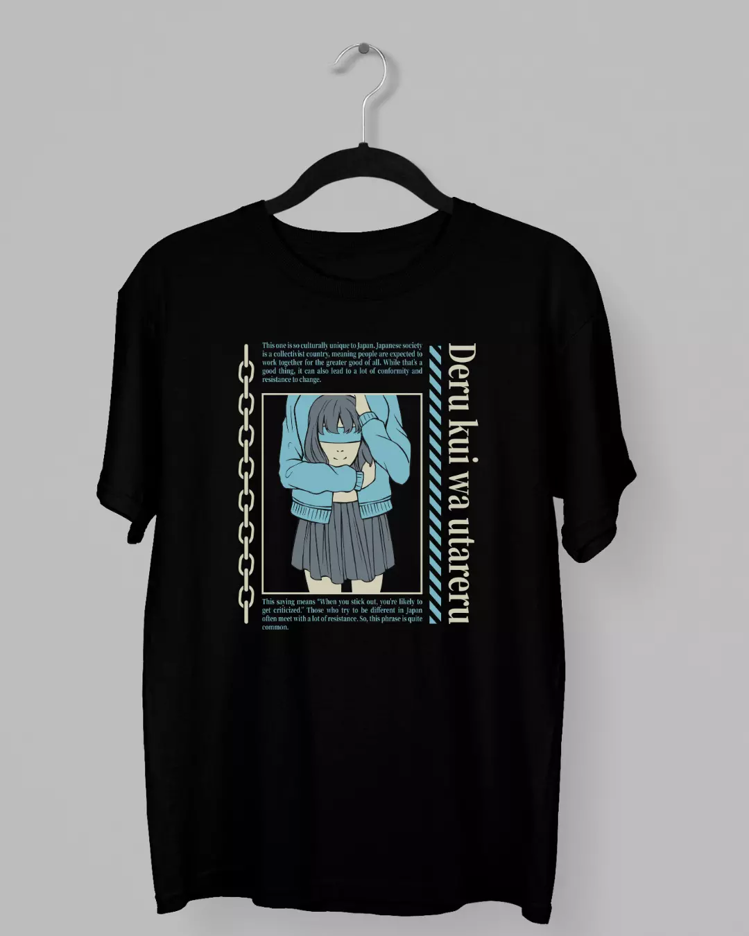 Remera con la frase "Deru kui wa utareru" y con la imagen de una joven con su cabeza en sus manos