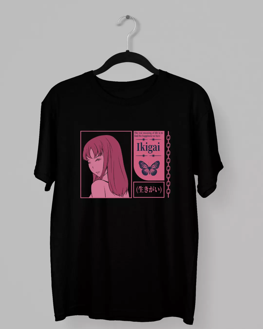 Remera de Ikigai con la frase "The real meaning life is to find the happiness we have"