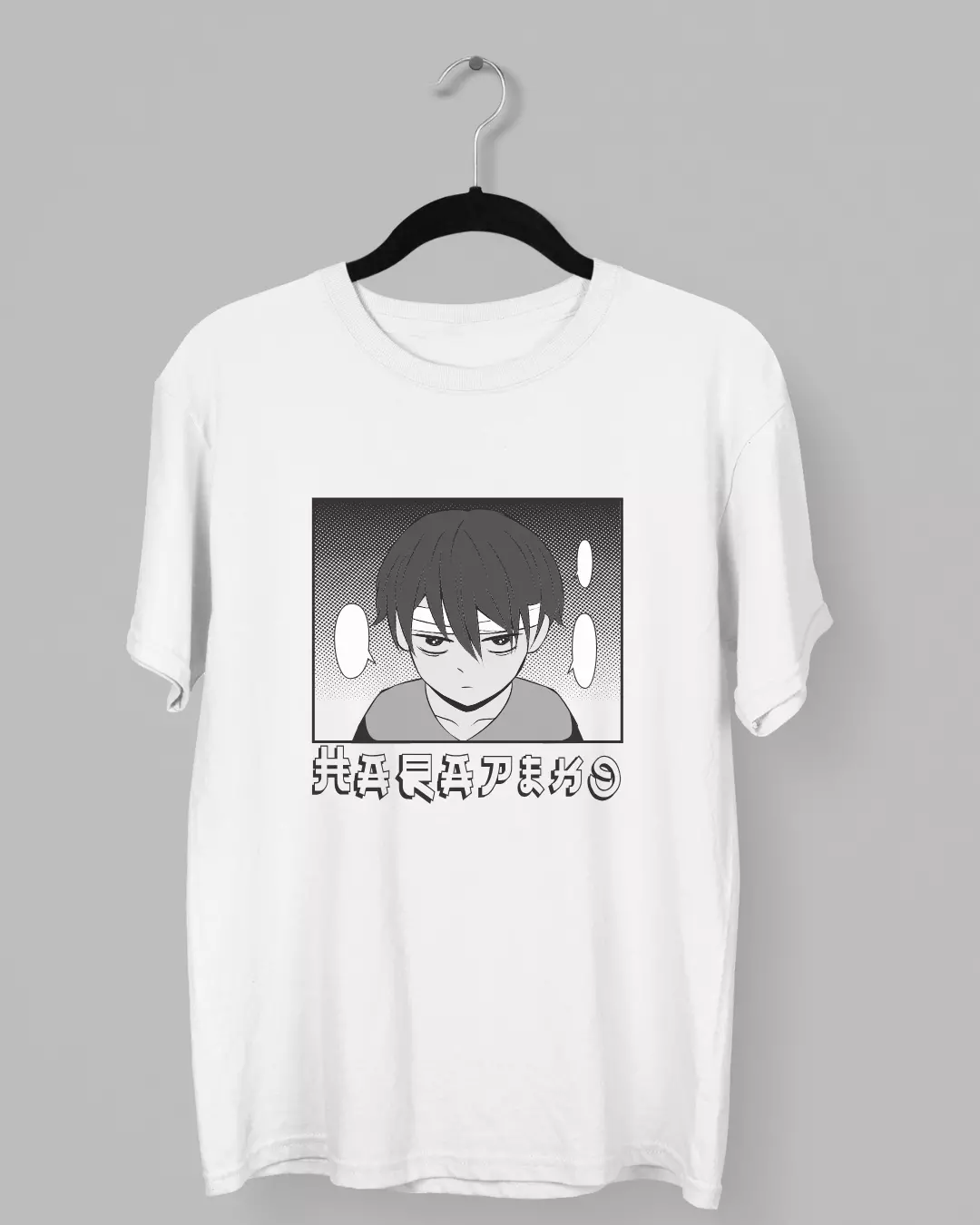 Remera con la imagen de un niño serio con la cabeza vendada