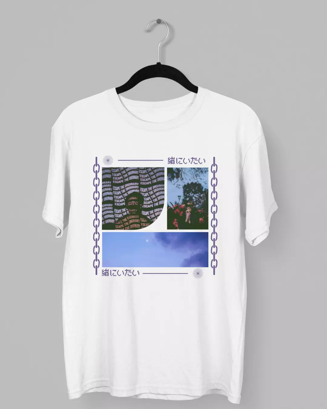 Remera con la frase Escape the ordinary con la imagen de un joven, el cileo y flores