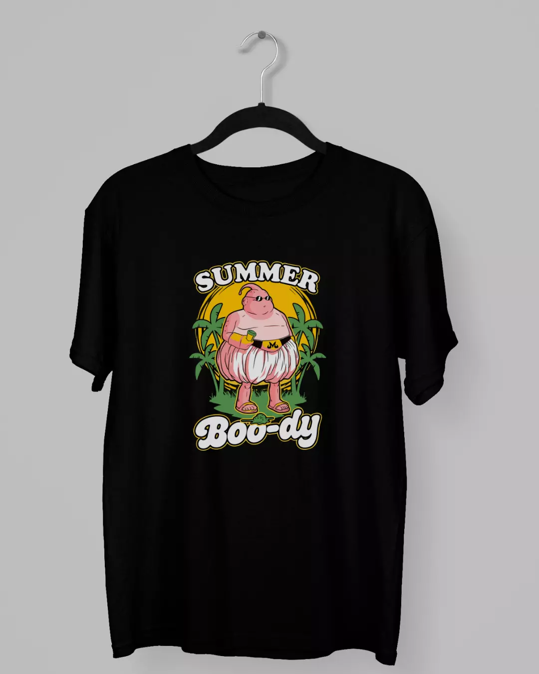Remera de Majin boo en zapatillas con lente entre arboles y con el sol de fondo