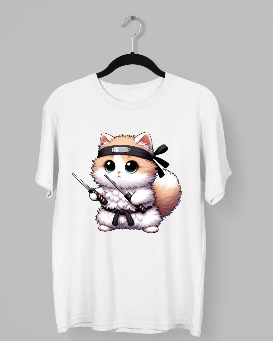 Remera de Gato Ninja con cuchillos y cinta en la cabeza