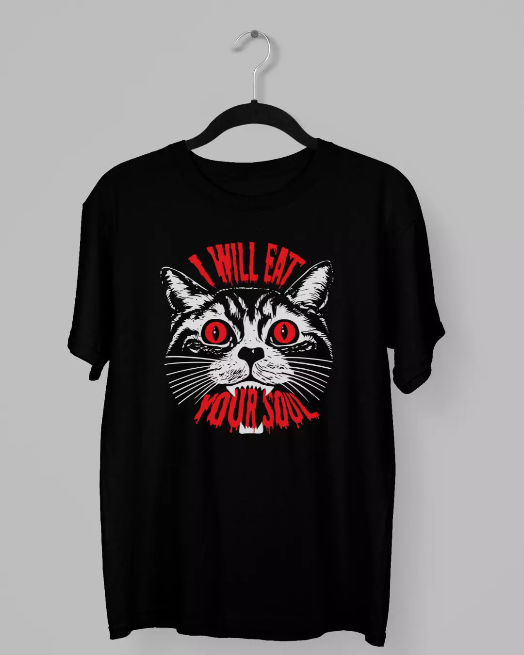 Remera con la cara de un gato y la frase I will eat your soul