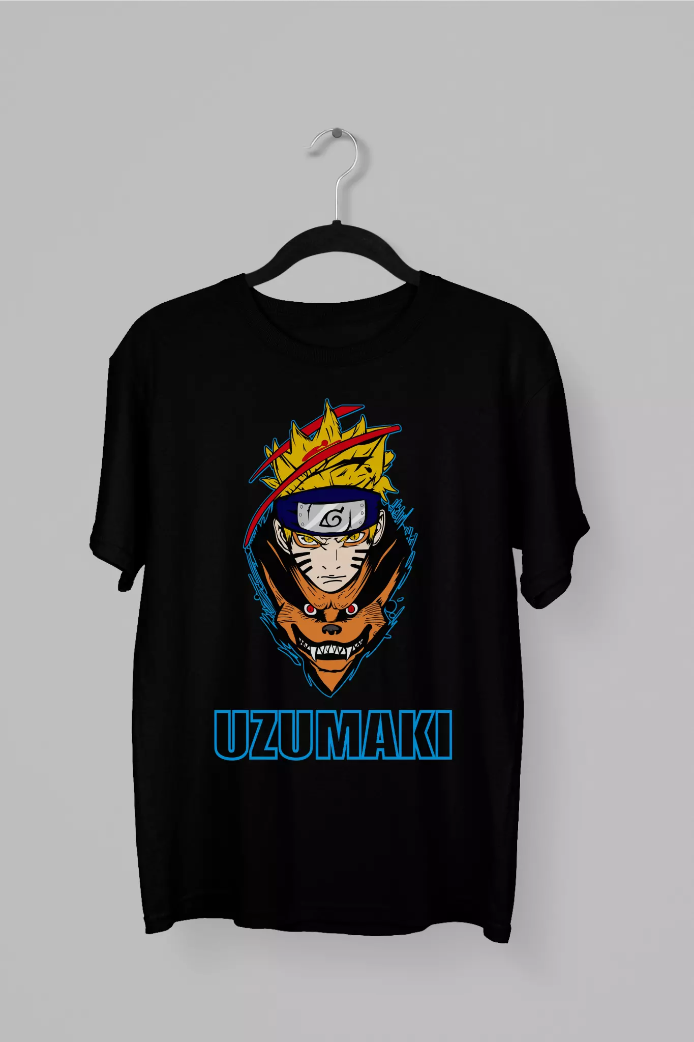 Remera de Naruto con el rostro de Naruto y de su transformacion en colores originales