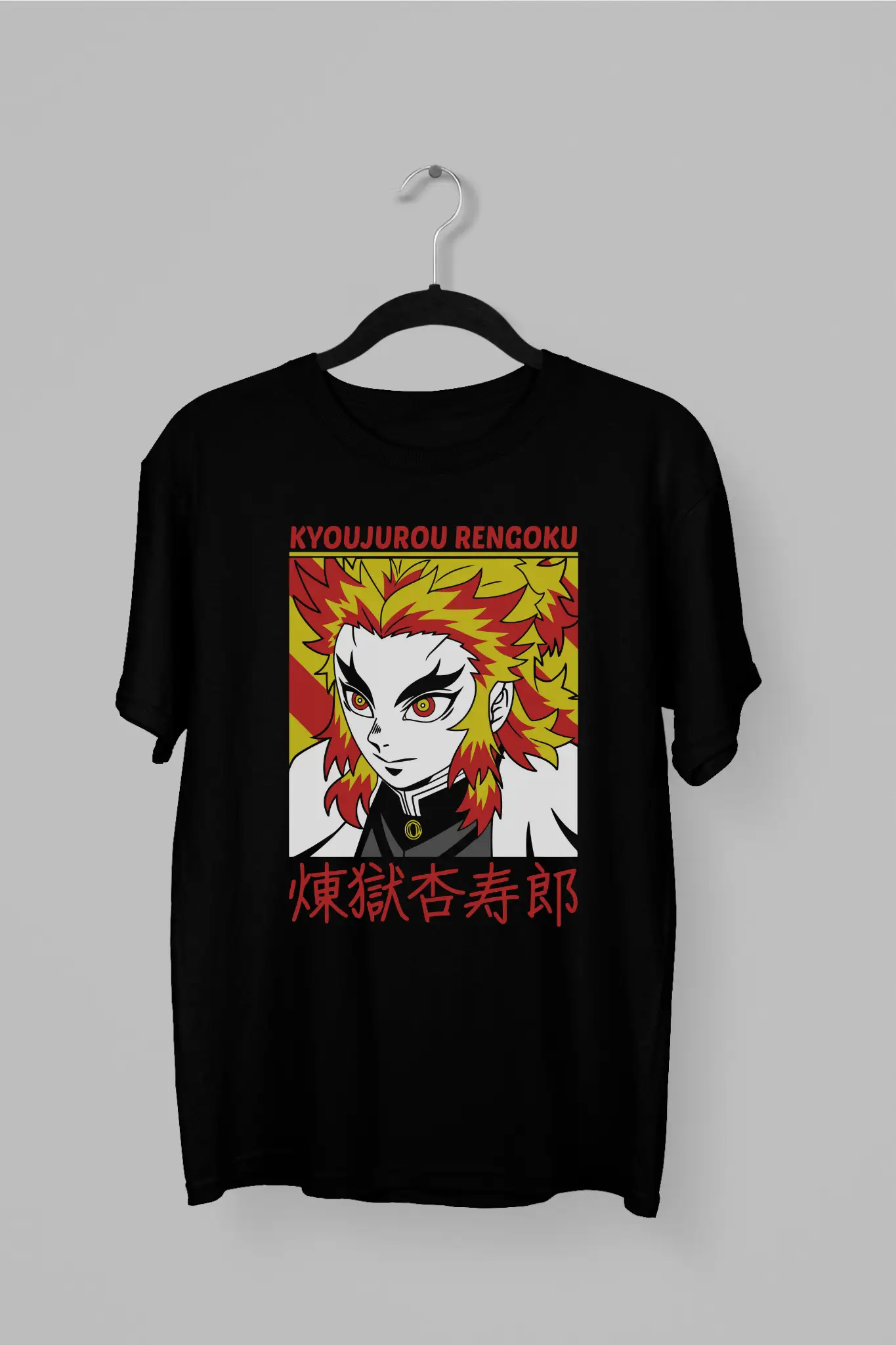 Remera de Rengoku con sus colores originales y nombre en letras japonesas